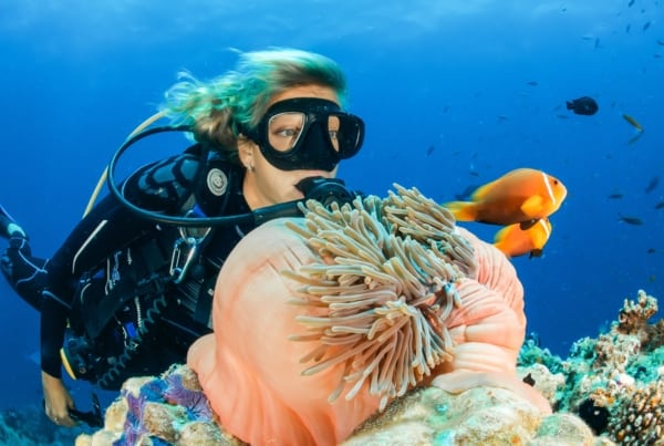 Girl snorkeling underwater with fishes and coral reefs